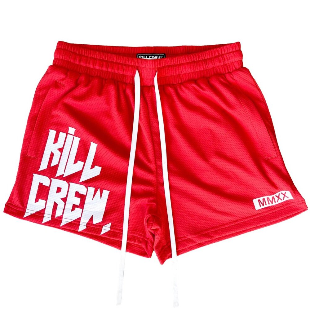 Kill Crew MUAY THAI SHORTS (MID THIGH CUT) - RED / WHITE